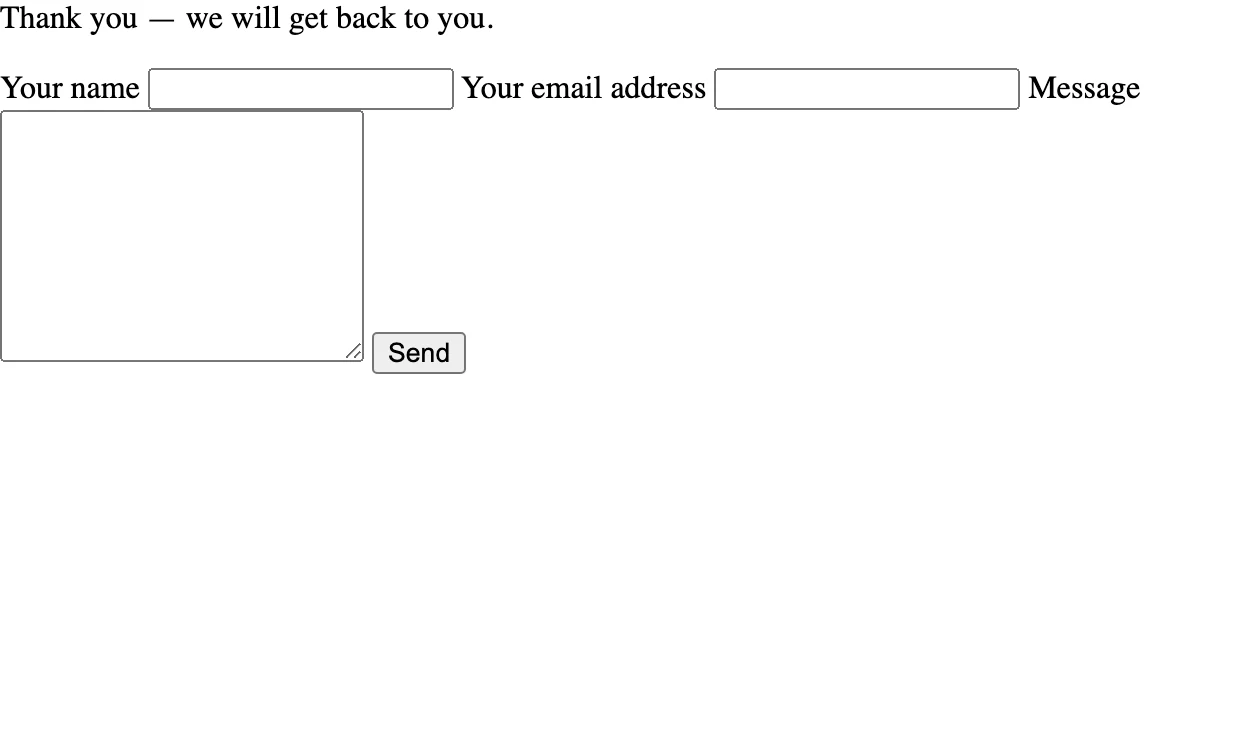 The contact form after the redirect, with the notice "Thank you — we will get back to you." above empty fields