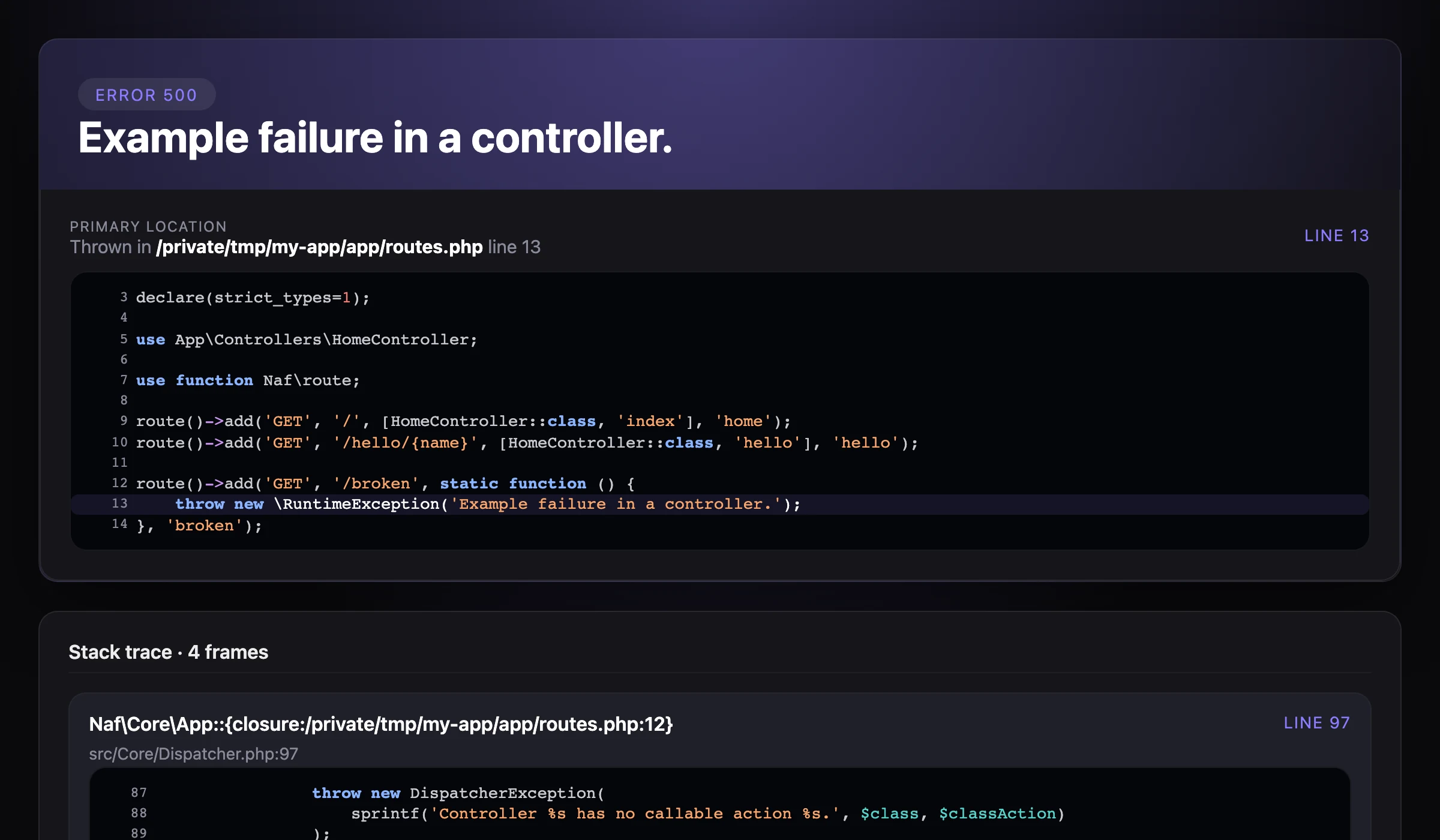 The diagnostic error page: the exception message, the file and line, a highlighted source excerpt and the stack trace