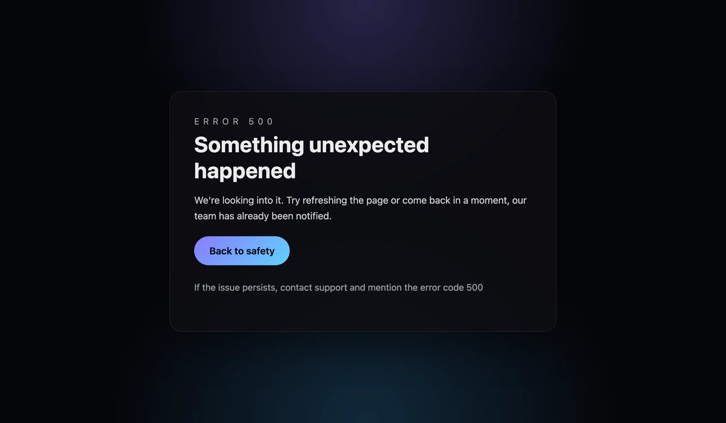 The sanitized error page: "Error 500", "Something unexpected happened" and a link back, without any file names or code