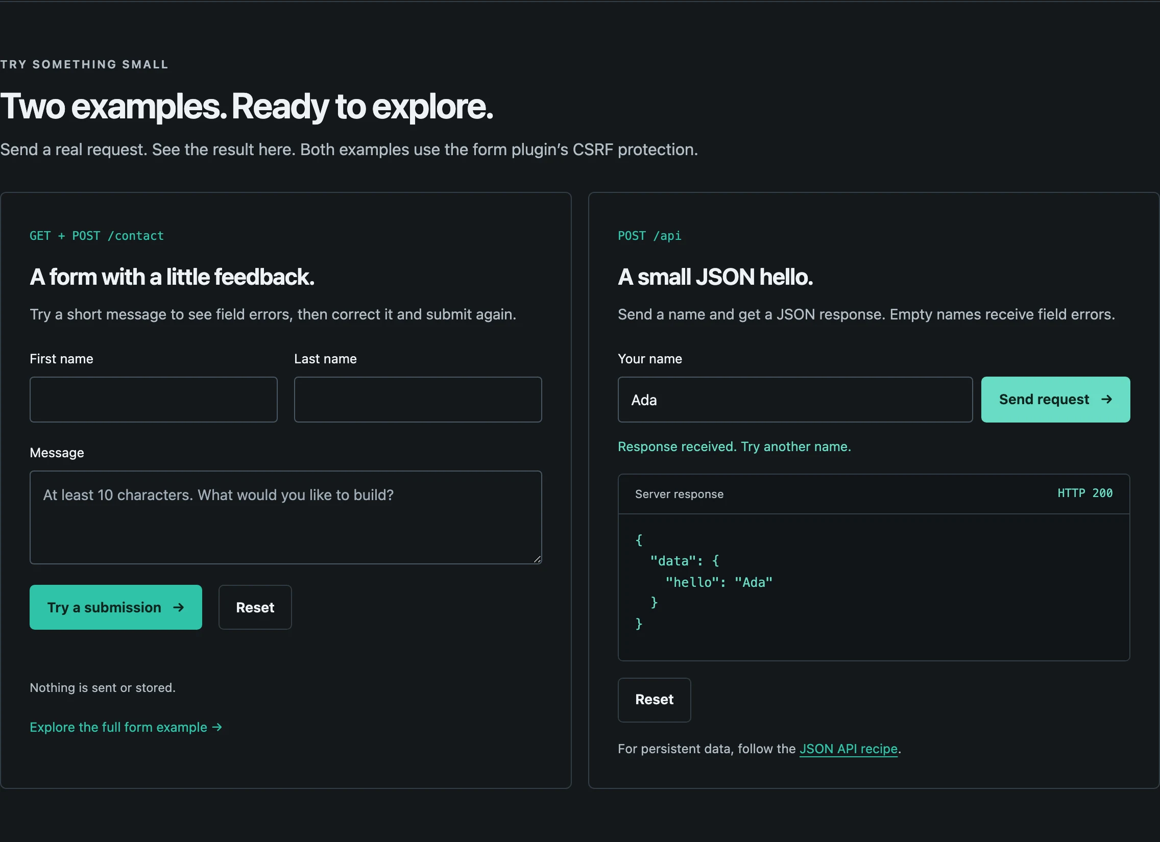 The welcome page's two demonstrations: a contact form, and a JSON request for the name Ada that shows HTTP 200 and the response body